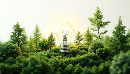 Glowing Lightbulb in Lush Green Forest Nature Scene