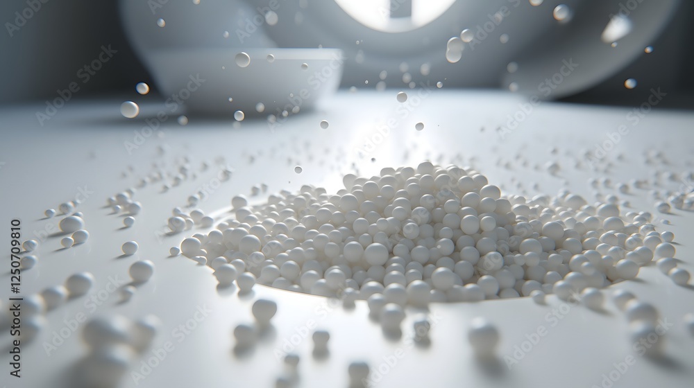 Poster neatly scattered food pellets on smooth white surface in soft lighting minimalist abstract studio sh