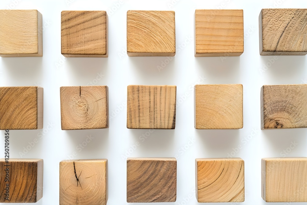 Poster a grid of various wooden blocks with different textures and colors arranged in a uniform pattern. co