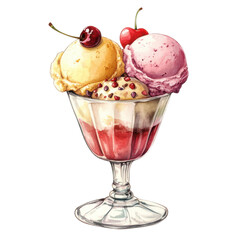 A colorful ice cream sundae topped with cherries and sprinkles in a classic glass dish.