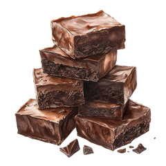 A stack of rich, chocolate fudge squares with a glossy surface, showcasing layers and a decadent appearance.
