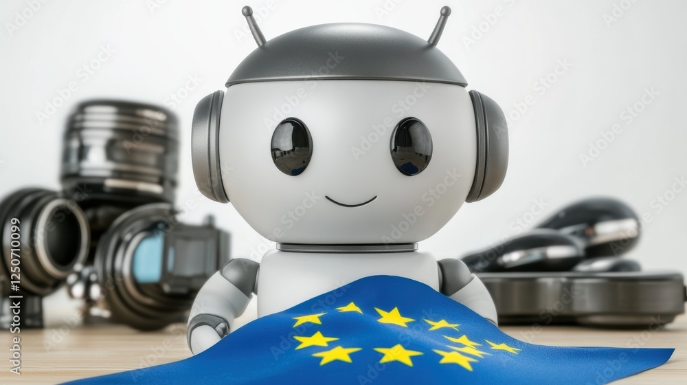 Poster a cheerful robot holding an eu flag, surrounded by various tech gadgets.