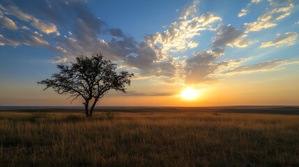 Fototapeta premium Stunning sunset view over a vast open field with a solitary tree creating a tranquil landscape scene : Generative AI