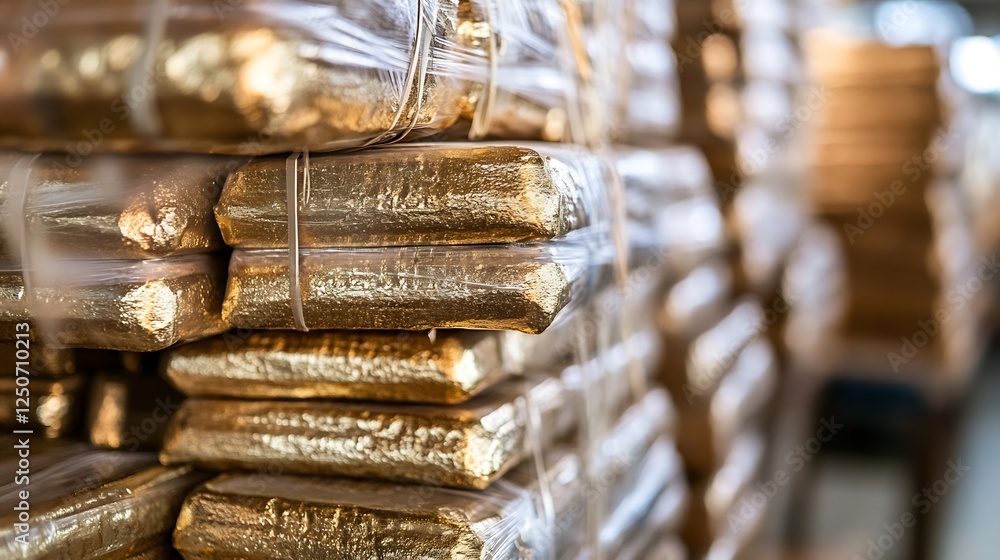 Aufkleber stacks of shiny gold bullion bars wrapped for storage in a secure facility : generative ai