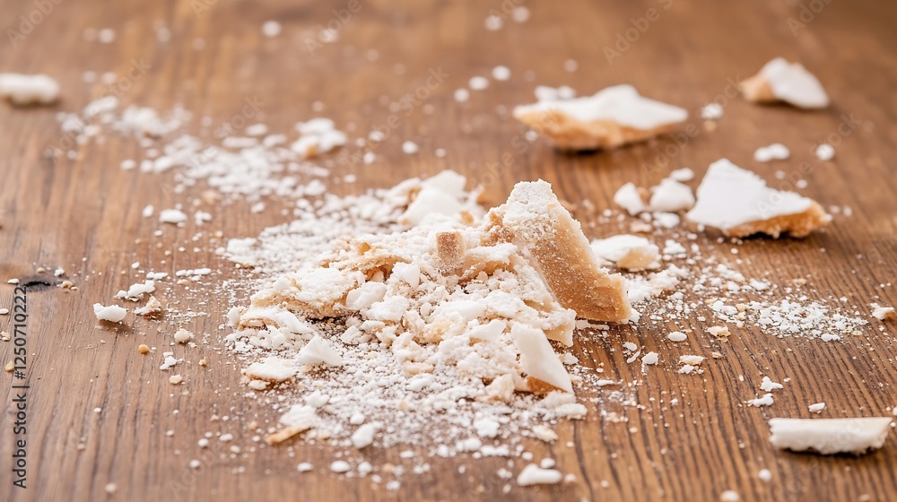 Aufkleber scattered pieces of white coconut flakes on a wooden table creating a textured surface and natural a