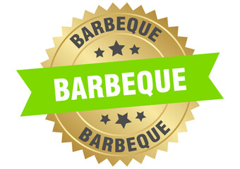 barbeque. barbeque round green and gold label isolated on transparent background