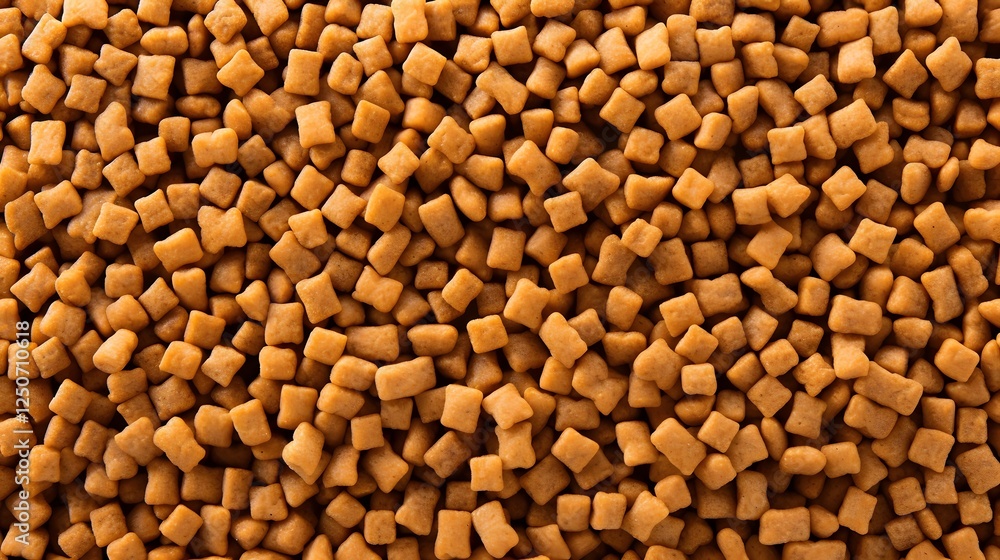 Poster a detailed close up shot of crispy textured dry food pellets symmetrically aligned in a precise arra