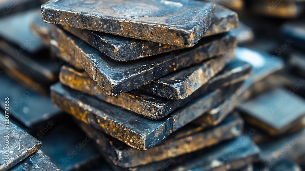 Poster Stacked Blocks of Black Slate with a Rough Surface Texture Displayed Outdoors : Generative AI