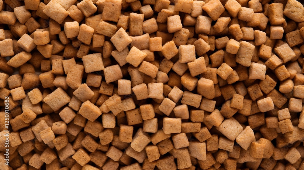 Poster closeup of detailed crispy textured dry food pellets neatly arranged in a symmetrical pattern on a c