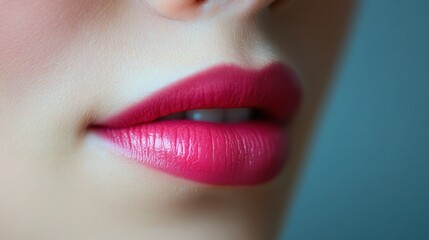Fototapeta premium Close-up of luscious pink lips with glossy lipstick for beauty concept