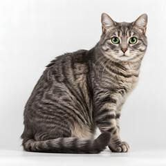 Obraz premium Gray Tabby Cat Sitting Isolated on White Background