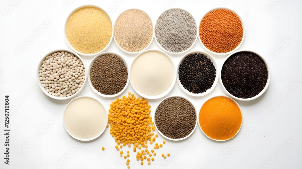 Poster meticulously organized top down view of uniform food pellet pattern displayed on clean white backgro