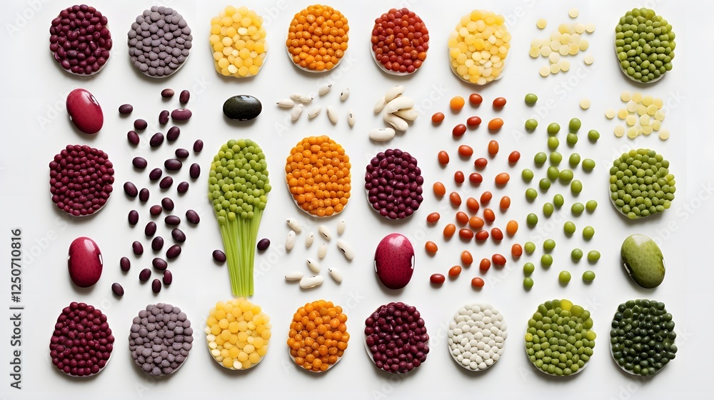 Poster refined top down view of a perfectly arranged food pellet pattern on a clean white surface backgroun