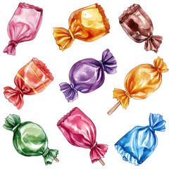 Colorful wrapped candies in various shapes and sizes, showcasing bright hues and playful designs.