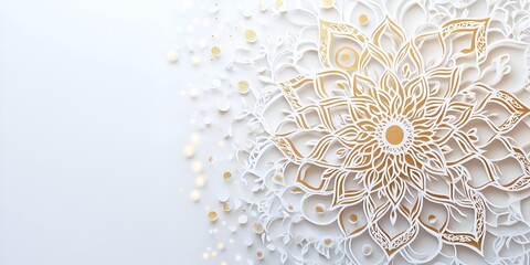 3D paper-cut art of a white and gold arabesque mandala on the left side, against a white background, in a flat lay composition. bokeh background