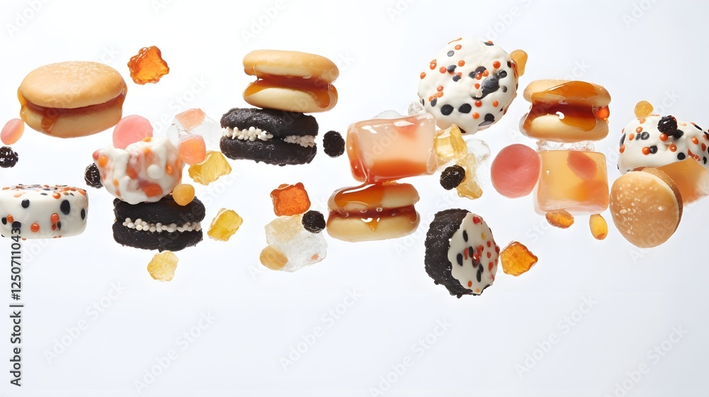 Poster conceptual close up image showcasing the levitation and dynamic motion of various food pieces suspen