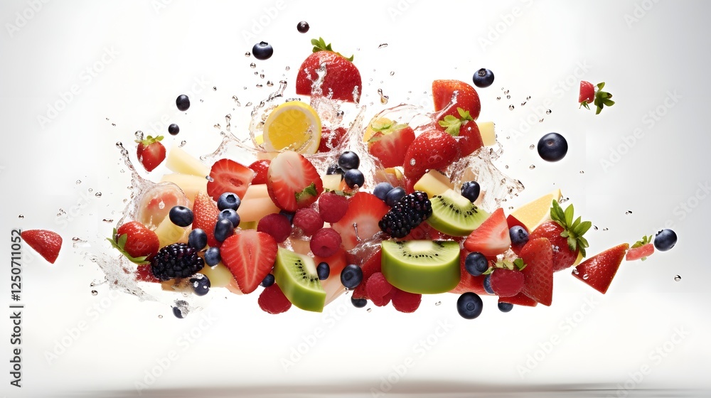 Poster conceptual close up image showcasing floating food pieces captured in dynamic motion against a pure 