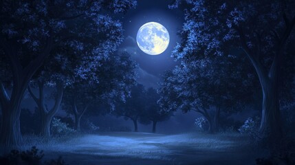 Serene night scene with a full moon illuminating a forest