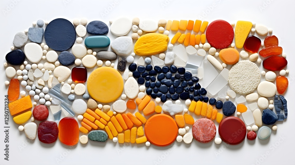Poster a meticulously composed visual display featuring an assortment of delicate food granules such as spi