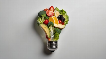 Fruits and Vegetables in Lightbulb: Healthy Eating Concept