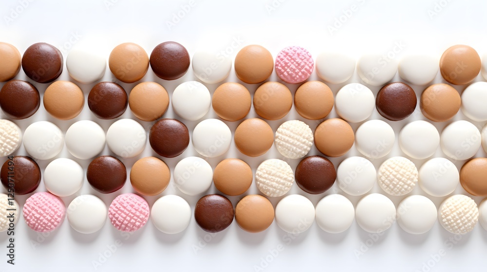 Poster neatly organized grid of textured food pellets placed on a seamless white surface background