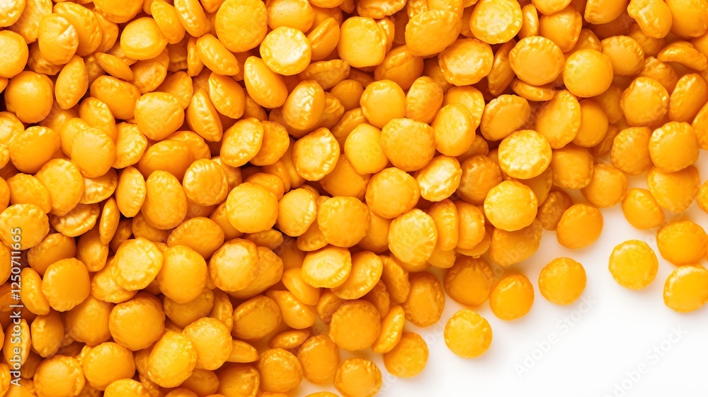 Poster closeup of arranged crisp edged golden food pellets with vibrant hues displayed on a simple white ba
