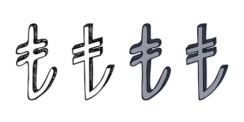 Hand drawn turkish lira currency symbol set Brush stroke doodle Single element for design