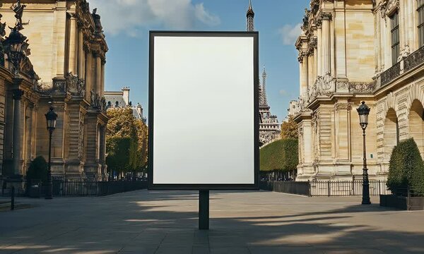 Blank billboard Paris street mockup, Eiffel Tower view