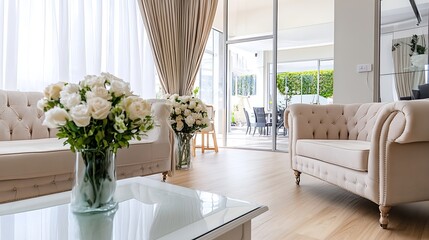 Elegant Living Room Interior with Soft Sofa Arrangement and Beautiful Floral Centerpiece : Generative AI