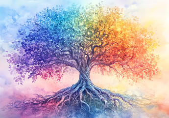 Watercolor painting of a rainbow tree with colorful leaves and roots, symbolizing growth in life. The background is in soft pastel colors, creating an atmosphere of tranquility and harmony. 