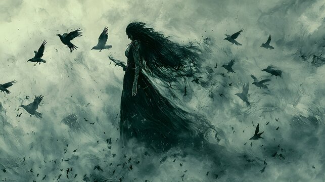 79. A dramatic image of Morrigan with ravens circling her against a stormy gray pastel backdrop