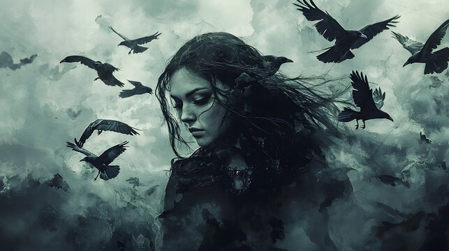 79. A dramatic image of Morrigan with ravens circling her against a stormy gray pastel backdrop