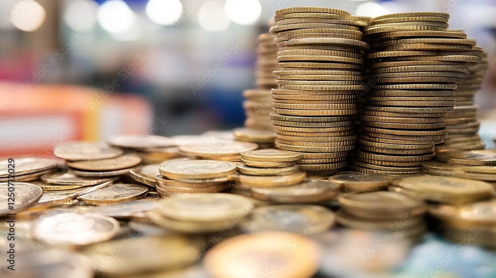Poster close up view of a large stack of shiny gold coins piled together symbolizing wealth and prosperity 