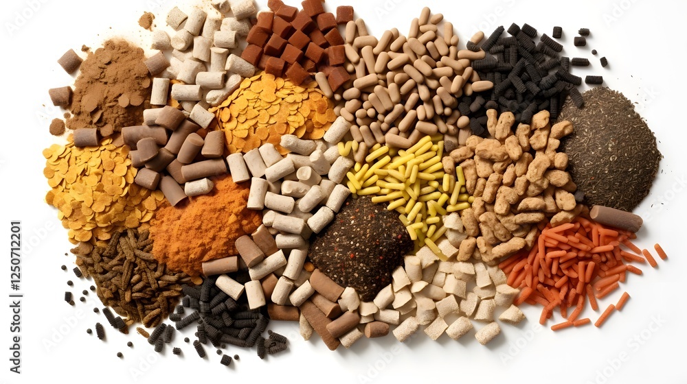 Poster densely packed food pellets or nutritional supplements in a closeup overhead top down view arranged 