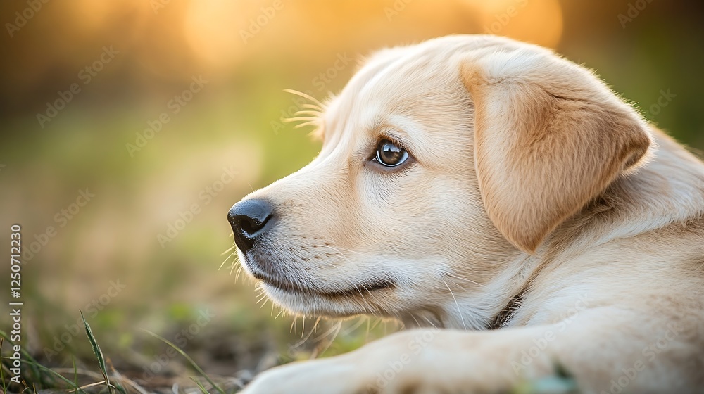 Poster tender profile view of an adorable puppy resting peacefully in a serene environment : generative ai