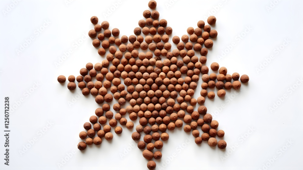 Poster a meticulously arranged and symmetrical composition of dry food pellets forming a star like pattern 