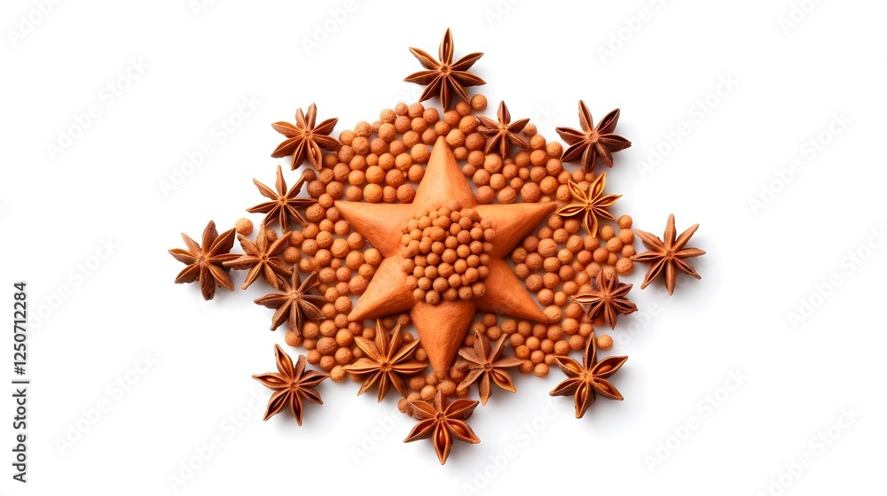 Poster a precisely crafted visually striking arrangement of dry food pellets in a symmetrical star like pat