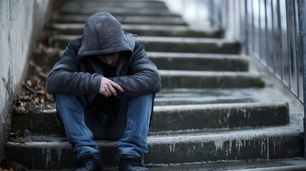 Young man in hoodie sitting on stairs looking down in a moment of distress in urban setting : Generative AI