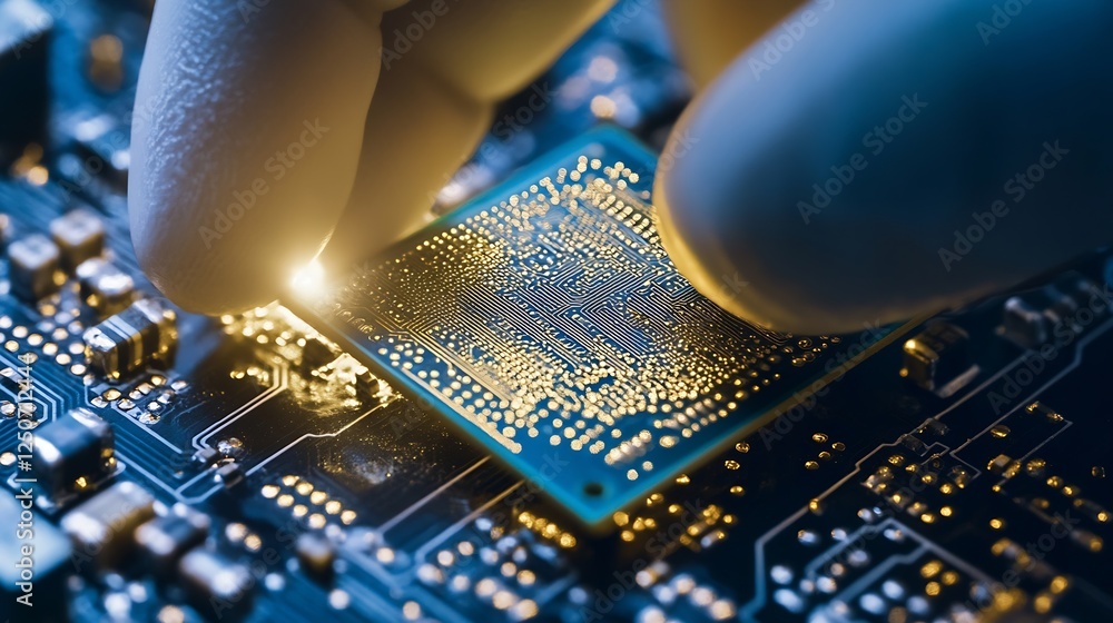 Aufkleber Technician carefully placing a microchip on a circuit board in a laboratory setting with focus on technology and precision : Generative AI