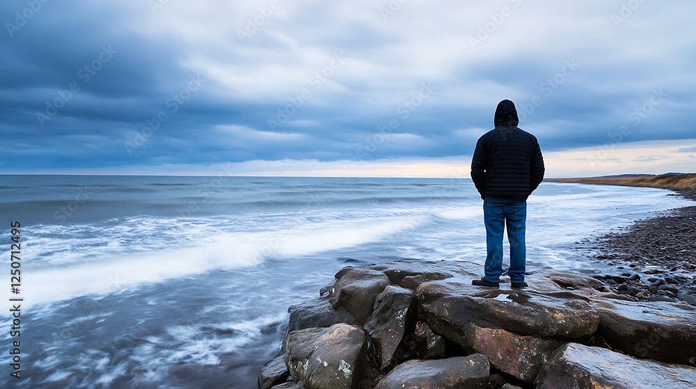 Aufkleber Man standing on rocky shore staring at the vast ocean under a moody cloudy sky looking contemplative : Generative AI
