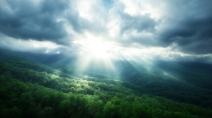 Stunning view of bright sunlight breaking through dark clouds over a lush forest : Generative AI