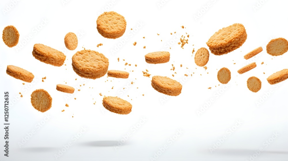 Aufkleber futuristic digital rendering of floating food pellets arranged in an composition against a clean whi