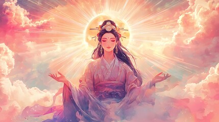 90. A glowing depiction of Amaterasu with bright solar rays on a glowing pastel sky background