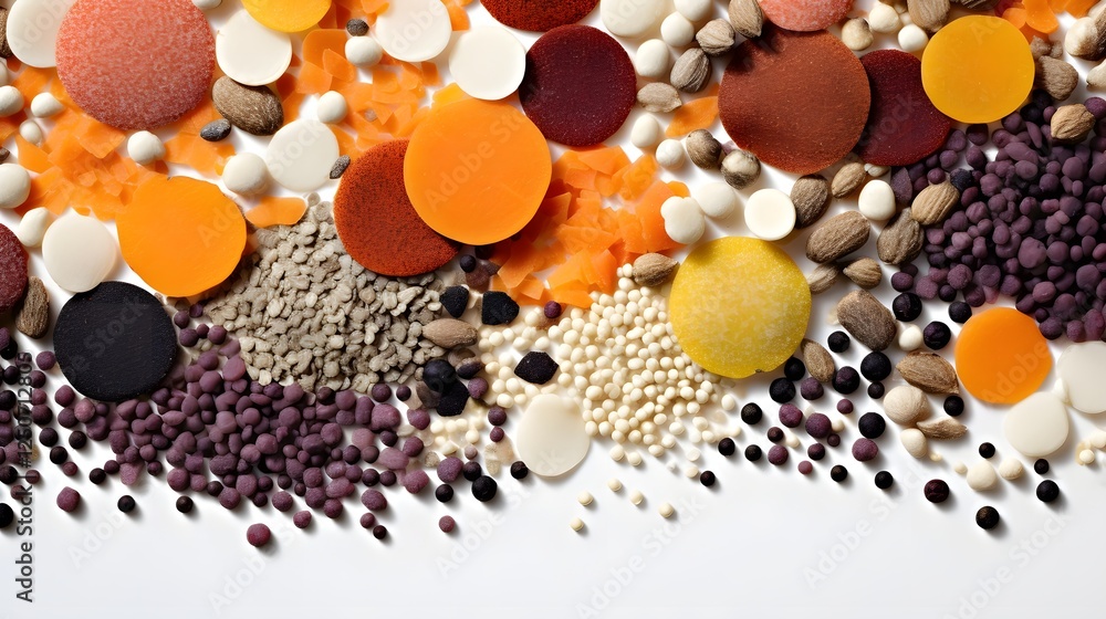 Poster highly detailed macro photography showcasing the intricate texture and patterns of various food gran