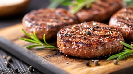 Sizzling grilled beef patties adorned with fresh herbs and spices served on a wooden board inviting a delicious feast : Generative AI