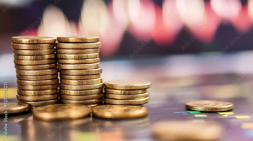 Fototapete closeup view of shiny gold coins stacked high on a surface with blurred lights in the background : g