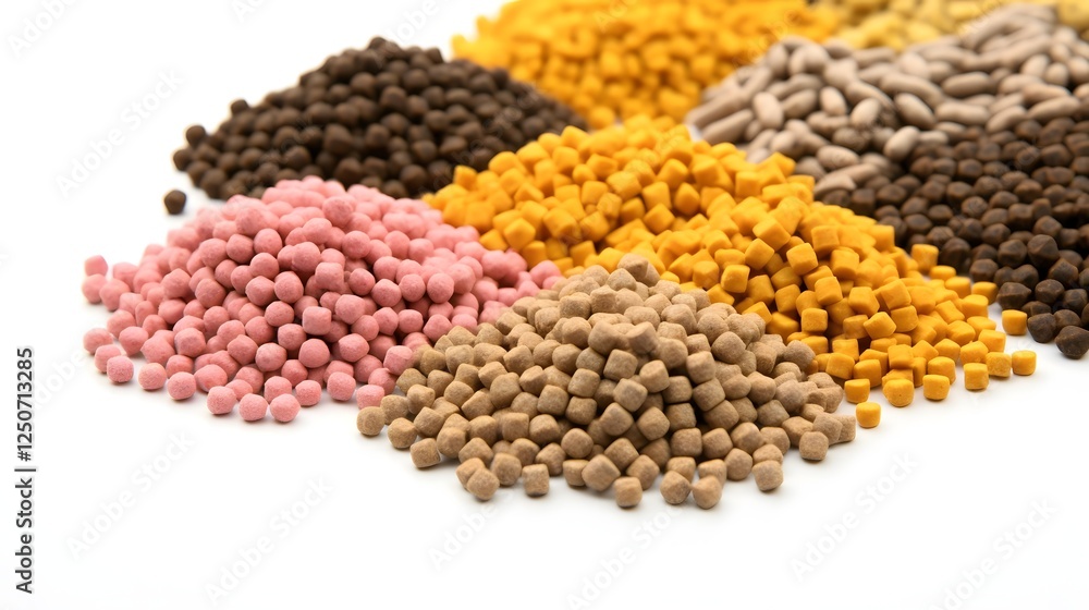 Poster visually balanced macro shot of dry food pellets with soft shadows placed on a clean white backgroun