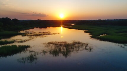 Serene twilight reflection of a river as the sun sets creating a peaceful and picturesque landscape : Generative AI