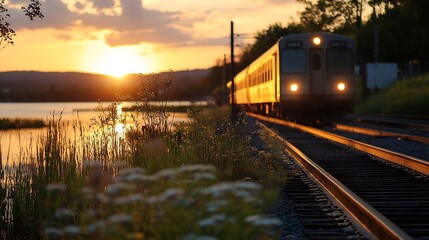 Fototapeta premium Beautiful sunset view of a train traveling along the river with a golden glow in the evening sky : Generative AI