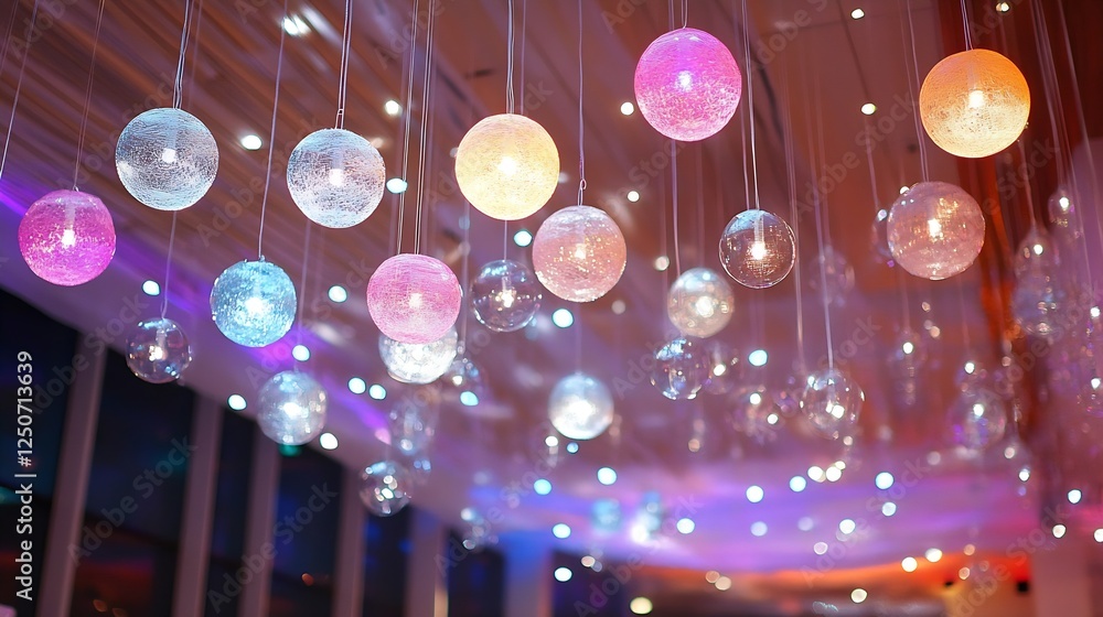 Poster Stunning array of colorful hanging light balls creating a vibrant atmosphere indoors : Generative AI